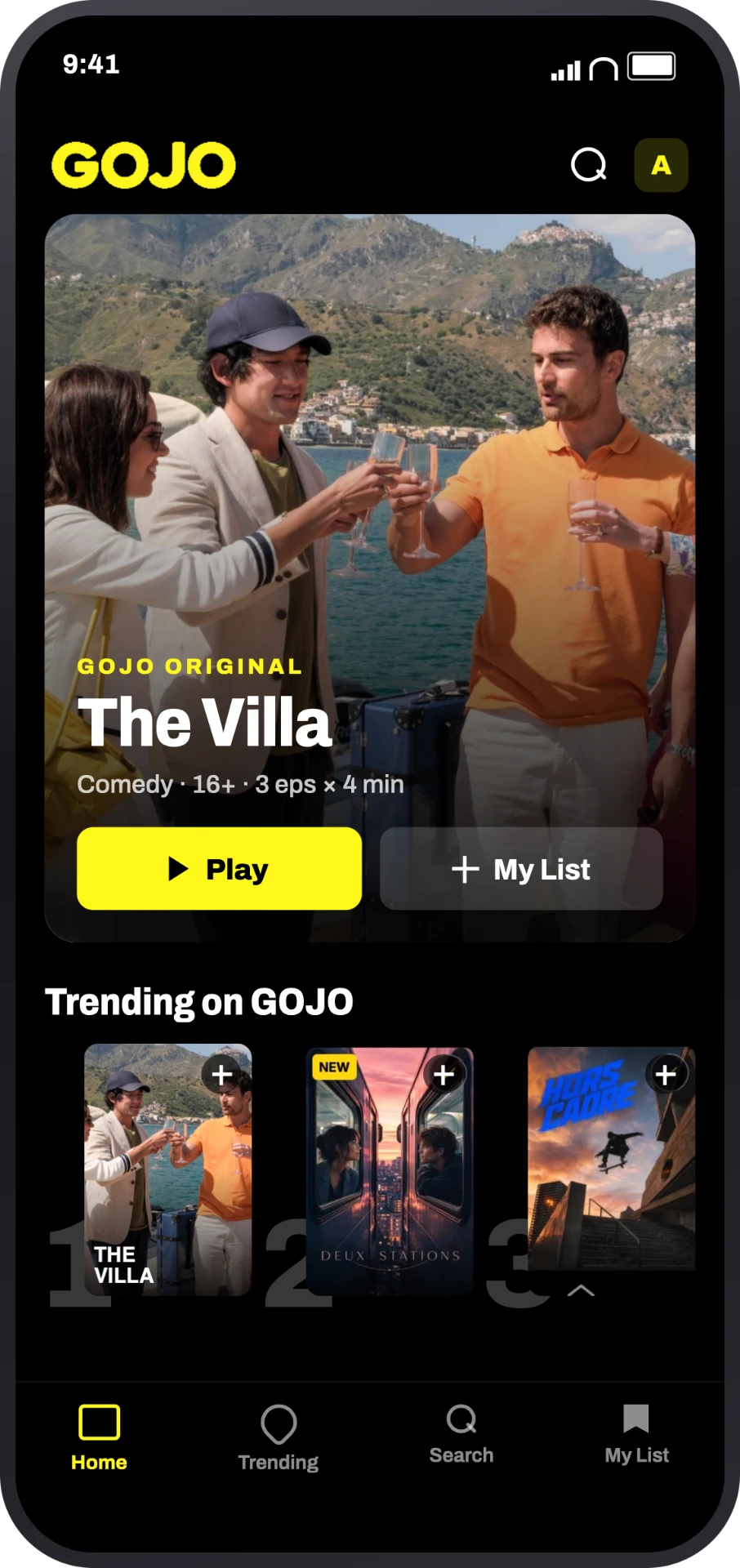 GOJO home screen with featured and trending titles